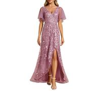 Ever-Pretty Vestido Largo de Invitada Boda Mujer Abertura Cuello en V Doble Asimétrico Lentejuelas Vestido Noche con Cintura Imperio Orquídea 46