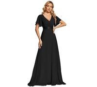 Ever-Pretty Vestido Largo Mujer Elegante A-línea Vestido Vestido Navidad Niña de Noche Cuello en V Manga Corta Gasa Corte Imperio para Mujer Negro 36