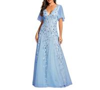 Ever-Pretty Vestidos de Fiesta Mujer Largo Tul Lentejuelas Escote V A-línea Elegantes Cielo Azul 46