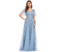 Ever-Pretty Vestidos de Fiesta Mujer Largo Tul Lentejuelas Escote V A-línea Elegantes Cielo Azul 56