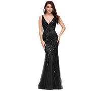 Ever-Pretty Vestidos de Fiesta Sirena sin Mangas Cuello en V Lentejuelas Tul Corte Imperio para Mujer Negro 42