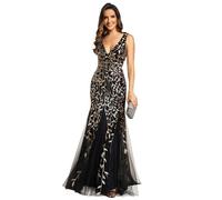 Ever-Pretty Vestidos de Fiesta Sirena sin Mangas Cuello en V Lentejuelas Tul Corte Imperio para Mujer Oro Negro 46