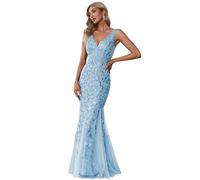 Ever-Pretty Vestidos de Fiesta Sirena Sin Mangas Cuello en V Lentejuelas Tul Corte Imperio para Mujer Cielo Azul 46