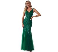 Ever-Pretty Vestidos de Fiesta Sirena Sin Mangas Cuello en V Lentejuelas Tul Corte Imperio para Mujer Verde Oscuro 44