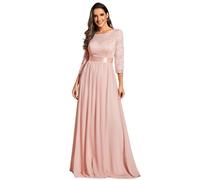 Ever-Pretty Vestidos de Gala Encaje Gasa Cuello Redondo Manga 3/4 Corte Imperio A-línea para Mujer Rosado 36