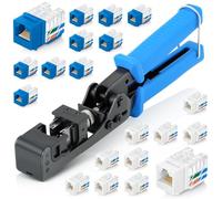 Everest easyJACK - 90° Angled Speed Termination Keystone Tool Set - with 20-Pack of RJ45 Slim Profile Cat6 Keystone Jacks (10 Blue & 10 White) - Time Saver Network Cat6 Punchdown Tool