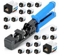 Everest easyJACK - Juego de herramientas Keystone de terminación de velocidad en ángulo de 90° - con 20 conectores Keystone RJ45 Cat6 en negro (diseño de perfil delgado) - Herramienta de perforación
