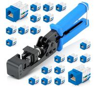 Everest easyJACK - Juego de herramientas Keystone de terminación de velocidad en ángulo de 90°, con 20 conectores Keystone RJ45 Cat6 en azul (diseño de perfil delgado) - Herramienta de perforación de