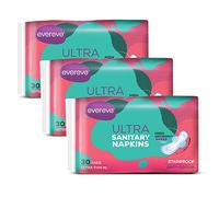 Evereve Servilleta/compresa ultra sanitaria, XL 284 mm, paquete de 90 servilletas (3 x 30), cobertura máxima, ultra fina, núcleo súper absorbente para una rápida absorción de líquidos, tecnología