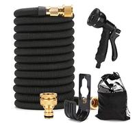 EVERGD Manguera de jardín expandible, tubo de manguera ligero de látex de 3 capas, conectores de latón macizo de 3/4 y 1/2 pulgadas, manguera de agua flexible negra sin torceduras con spray de 8