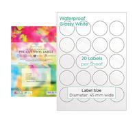 Evergreen Goods Etiquetas Adhesivas Redondas A4 Precortadas Blancas Brillantes Impermeables | 200 Etiquetas de Vinilo de 45 mm Imprimibles por Inyección de Tinta | PVC Autoadhesivo, 10 Hojas, Cricut