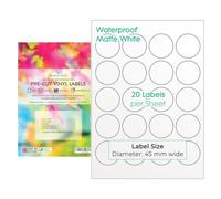 Evergreen Goods Etiquetas Adhesivas Redondas Precortadas A4, Blanco Mate Impermeables | 200 Etiquetas Redondas de 45 mm Imprimibles por Inyección de Tinta y Láser | Vinilo PVC Autoadhesivo, 10 Hojas