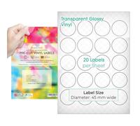 Evergreen Goods - Etiquetas adhesivas redondas precortadas A4, transparentes/transparentes, 45 mm (20 etiquetas por hoja, 200 en total), 10 hojas | Vinilo circular autoadhesivo con parte trasera