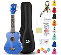 Everjoys Kit de ukelele soprano para principiantes, para niños, adultos, estudiantes, 21 pulgadas, correa de repuesto, cuerda de repuesto, paño de pulido, púas de cancionero (azul brillante)