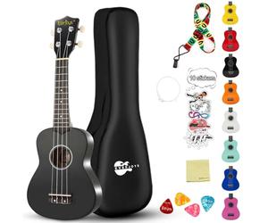 Everjoys Kit de ukelele soprano para principiantes, para niños, adultos, estudiantes, 21 pulgadas, correa de repuesto, cuerda de repuesto, paño de pulido, púas de cancionero (negro brillante)
