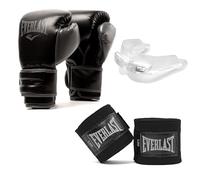 Everlast Powerlock Boxfit Kit (14oz Guantes de Boxeo, Vendas de Mano y Protector Bucal Doble) Guantes Boxeo Dorados/Negros para Saco y Sparring con Cierre de Gancho y Bucle y Espuma de Cuatro Capas