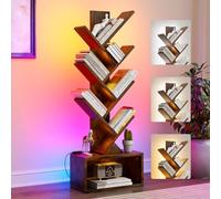 Evermagin Estantería de árbol de 6 niveles con luces, estantería LED con organizador de almacenamiento, estantería de esquina pequeña para sala de estar, dormitorio y oficina en casa, marrón rústico