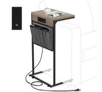 Evermagin - Mesa auxiliar en forma de C con estación de carga, mesa auxiliar para sofá pequeño con bolsa de almacenamiento, enchufe y USB, resistente deslizamiento debajo del sofá con marco