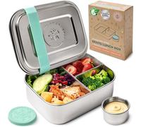 Everusely - Bento Box - Green - 0,8 L - Fiambrera de acero inoxidable con recipiente para salsas hermético - Recipiente para snacks de 3 compartimentos
