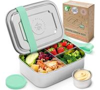 Everusely - Bento Box - Green - 1,1 L - Fiambrera de acero inoxidable con recipiente para salsas hermético - Recipiente para snacks de 3 compartimentos