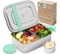Everusely - Bento Box - Green - 1,4 L - Fiambrera grande de acero inoxidable con recipiente para salsas hermético - Recipiente para snacks de 3 compartimentos