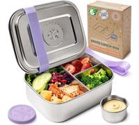 Everusely - Bento Box - Lavanda - 0,8 L - Fiambrera de acero inoxidable con recipiente para condimentos a prueba de fugas - Organizador de aperitivos de 3 compartimentos