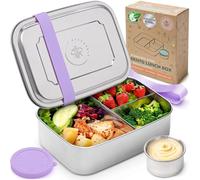 Everusely - Bento Box - Lavender - 1,1 L - Fiambrera de acero inoxidable con recipiente para salsas hermético - Recipiente para snacks de 3 compartimentos