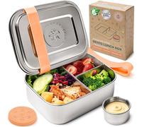 Everusely - Bento Box - Orange - 0,8 L - Fiambrera de acero inoxidable con recipiente para salsas hermético - Organizador de snacks de 3 compartimentos