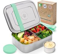 Everusely - Bento Box para Niños - Verde - 1,8 L - Lonchera de Acero Inoxidable con Contenedor Hermético para Condimentos - Contenedor de 3 Compartimentos