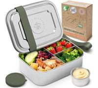 Everusely - Bento Box - Sage - 1,1 L - Fiambrera de acero inoxidable con recipiente para salsas hermético - Recipiente para snacks de 3 compartimentos