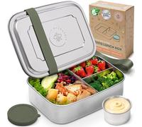 Everusely - Bento Box - Sage - 1,8 L - Fiambrera extra grande de acero inoxidable con recipiente para salsas hermético - Recipiente para snacks de 3 compartimentos
