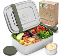 Everusely - Caja Bento - Salvia - 1,4 l - Fiambrera de acero inoxidable con recipiente a prueba de fugas para condimentos - Recipiente para aperitivos con 3 compartimentos