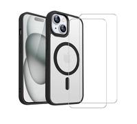 Evetane - Carcasa para iPhone 15, transparente, compatible con Magsafe Contour negro y 2 protectores de pantalla