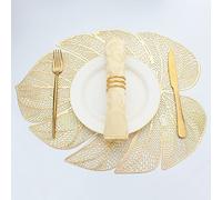 Evevda Juego de 4 manteles Individuales de Vinilo con Forma de Hoja Dorada para Mesa de Comedor, Juego de 4 manteles Individuales de plástico metálico, Color Dorado, Lavables para Mesa de Cena de
