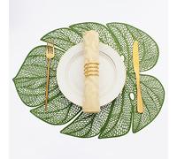 Evevda Juego de 4 manteles individuales de vinilo con forma de hoja verde para mesa de comedor, manteles individuales de plástico metálico, lavables, 6 manteles individuales para boda, annersario de