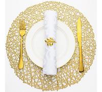 Evevda Juego de 4 manteles individuales redondos dorados para mesa de comedor, de vinilo prensado, metálico, huecos, para decoración de mesa, vacaciones, boda, centro de mesa