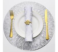 Evevda Juego de 4 Manteles Individuales Redondos para Comedor, Huecos, de Vinilo Metálico, Decoración de Mesa para Vacaciones, Boda, Centro (Radial Plateado)