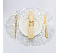 Evevda Juego de 6 manteles individuales de vinilo con forma de hoja plateada para mesa de comedor, 6 manteles de plástico metálico y limpiables, 6 unidades, para decoración de mesa de boda (45 x 35 cm)