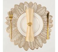 Evevda Juego de 6 manteles individuales para mesa de comedor, redondos, dorados, huecos, de vinilo metálico, plástico, decoración de mesa, para vacaciones, boda, centro de mesa (flor dorada)
