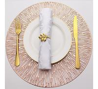 Evevda Juego de 6 manteles individuales para mesa de comedor, redondos, huecos, de vinilo metálico, plástico, decoración de mesa, para vacaciones, boda, centro de mesa (círculo radial dorado rosa)