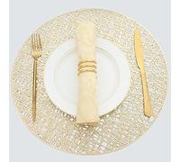 Evevda Juego de 6 manteles individuales redondos dorados para mesa de cena, antideslizantes, con patrón de línea, de plástico metálico, para uso diario de aniversario, (diámetro: 38 cm)