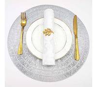 Evevda Manteles individuales redondos plateados para mesa de comedor, juego de 6 manteles individuales metálicos prensados y huecos, manteles individuales de vinilo lavables para vacaciones y bodas