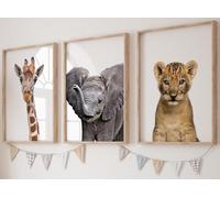 Eviepops Prints Animales del Safari realistas Set de 3 Láminas Sin Marco para Habitación de Niño o Niña, Pósters de Arte de Pared para Decoración de Dormitorio, Elefante León Jirafa (A4)