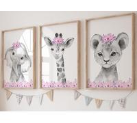 Eviepops Prints Animales del Safari Set de 3 Láminas Sin Marco para Habitación de Niña, Pósters de Arte de Pared para Decoración de Dormitorio, Elefante Jirafa León (A3)