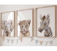 Eviepops Prints Animales del Safari Set de 3 Láminas Sin Marco para Habitación de Niño o Niña, Negro Gris Marrón Pósters de Arte de Pared para Decoración de Dormitorio, Elefante León Cebra (A3)