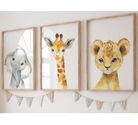 Eviepops Prints Animales del Safari Set de 3 Láminas Sin Marco para Habitación de Niño o Niña, Pósters de Arte de Pared para Decoración de Dormitorio, Elefante Jirafa León (A4)