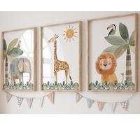 Eviepops Prints Animales del Safari Set de 3 Láminas Sin Marco para Habitación de Niño o Niña, Pósters de Arte de Pared para Decoración de Dormitorio, Elefante León Jirafa, Hojas de la Selva (A3)