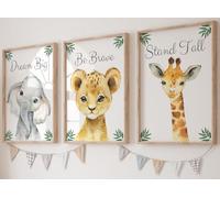 Eviepops Prints Animales del Safari Set de 3 Láminas Sin Marco para Habitación de Niño o Niña, Pósters de Arte de Pared para Decoración de Dormitorio, Elefante Jirafa León, Dream Big Stand Tall (A4)