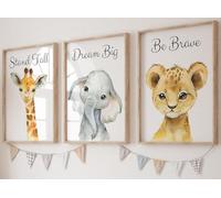 Eviepops Prints Animales del Safari Set de 3 Láminas Sin Marco para Habitación de Niño o Niña, Pósters de Arte de Pared para Decoración de Dormitorio, Jirafa Elefante León, Dream Big Stand Tall (A3)