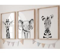 Eviepops Prints Animales del Safari Set de 3 Láminas Sin Marco para Habitación de Niño o Niña, Pósters de Arte de Pared para Decoración de Dormitorio, Negro Blanco, Jirafa Elefante Cebra (A3)